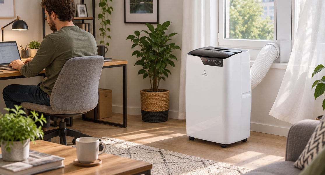 Мобильный кондиционер Electrolux направляет воздух в свободную зону рядом с рабочим местом